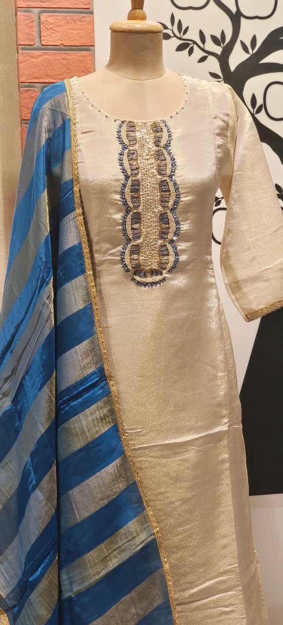 Elegant Shimmer Tissue Full Set with Designer Neck Embroidery Paired with Blue Striped Tissue Dupatta DRYWASH