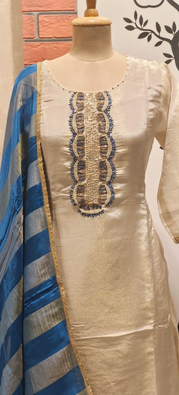 Elegant Shimmer Tissue Full Set with Designer Neck Embroidery Paired with Blue Striped Tissue Dupatta DRYWASH