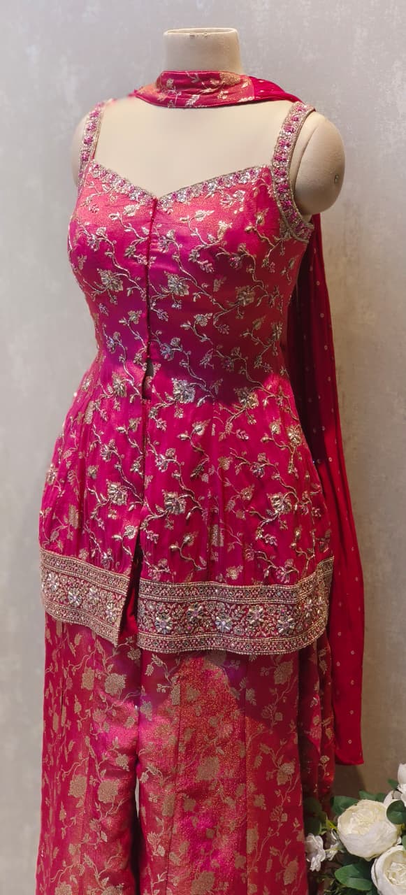 Designer Banarasi Silk Short Kurti and Palazzo Set in Rich Pink with Intricate Zari Weave and Heavy Border Detailing DRYWASH