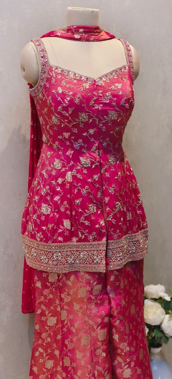 Designer Banarasi Silk Short Kurti and Palazzo Set in Rich Pink with Intricate Zari Weave and Heavy Border Detailing DRYWASH
