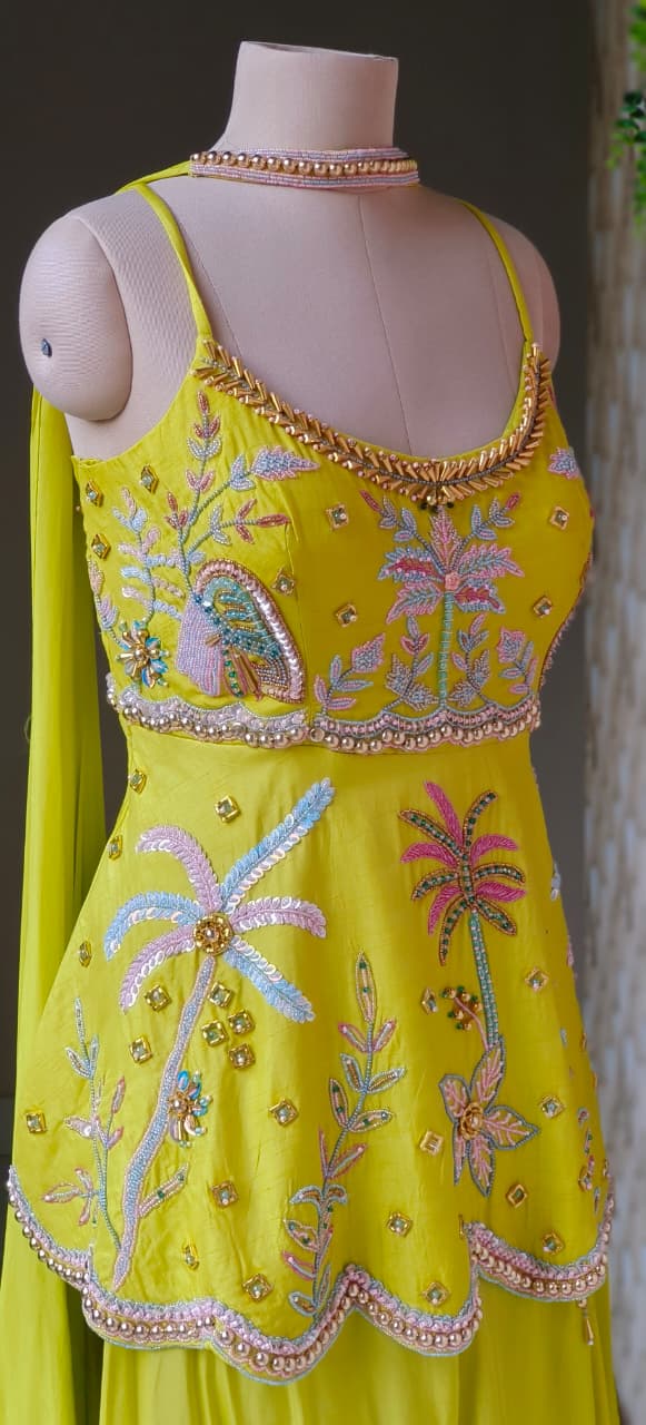 Premium Bright Yellow Peplum Top and Palazzo Ensemble Featuring Handcrafted Floral Embroidery and Elegant Dupatta