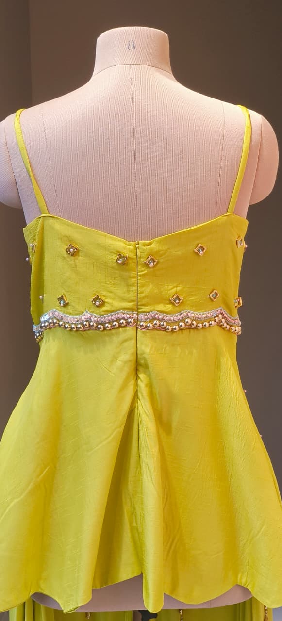 Premium Bright Yellow Peplum Top and Palazzo Ensemble Featuring Handcrafted Floral Embroidery and Elegant Dupatta