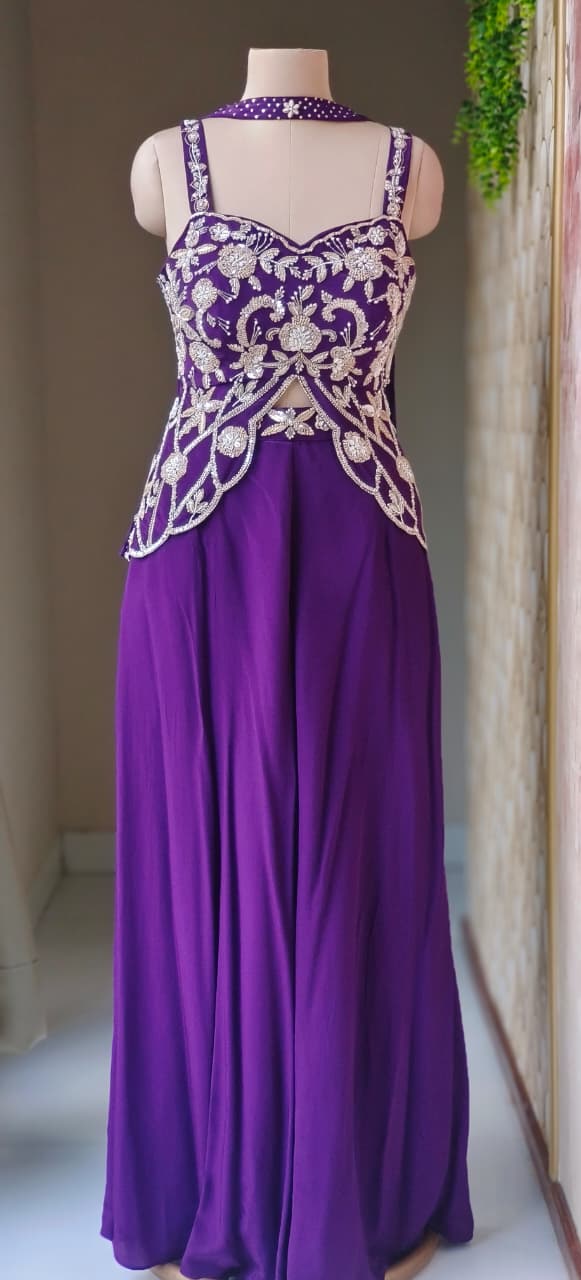 Royal Purple Heavy Embroidered Butterfly Style Top With Loose Palazzo Set with Intricate Cut-Work Detailing And Choker Dupatta