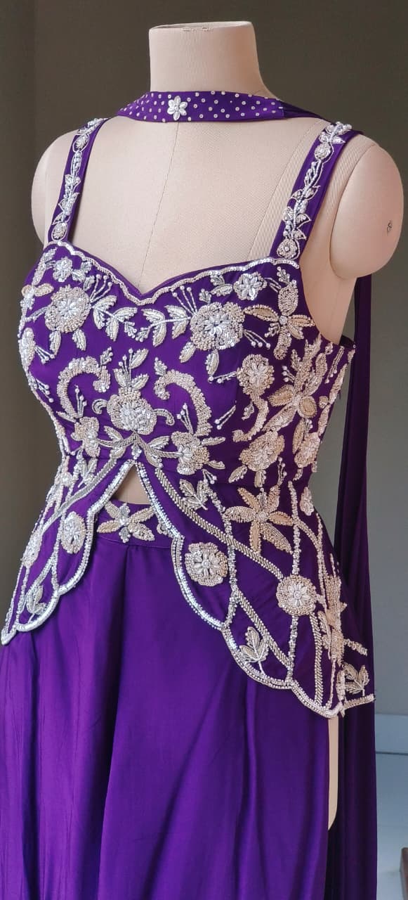Royal Purple Heavy Embroidered Butterfly Style Top With Loose Palazzo Set with Intricate Cut-Work Detailing And Choker Dupatta