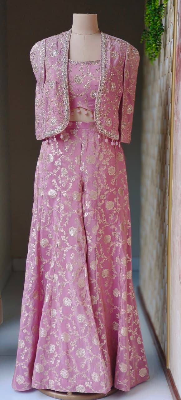 Premium Banarasi Brocade Three-Piece Co-Ord Set with Embellished Jacket, Crop Top & Flared Palazzo