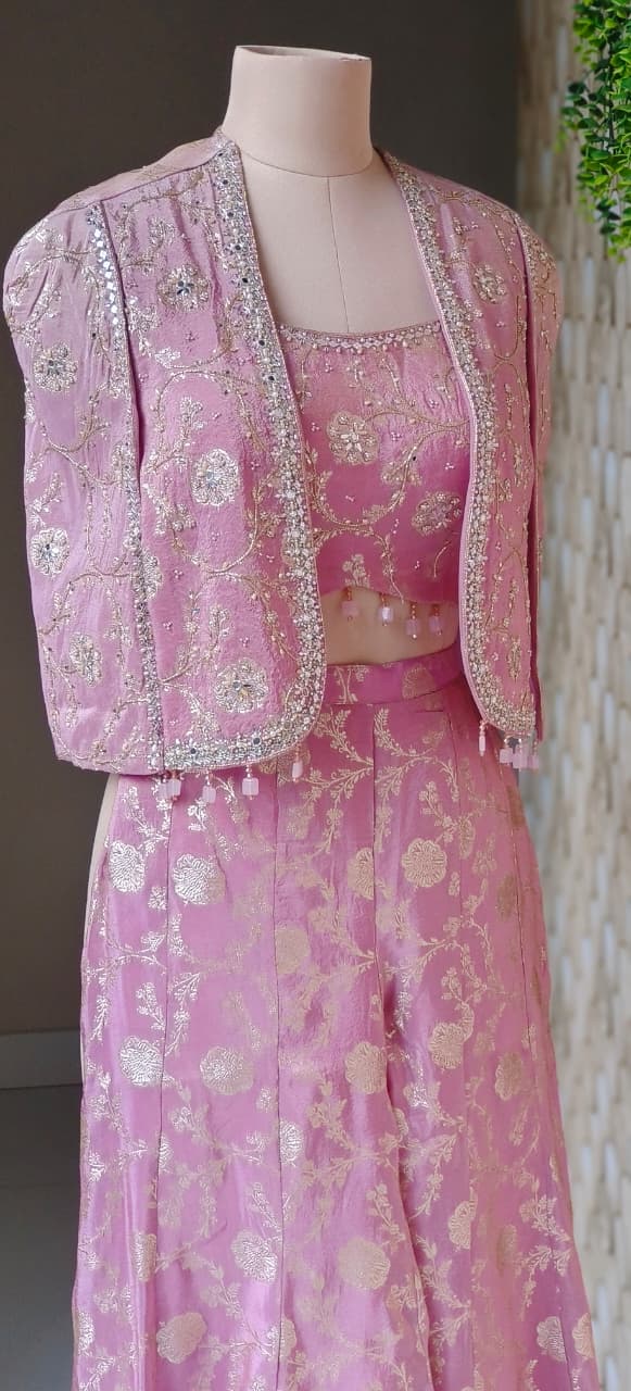 Premium Banarasi Brocade Three-Piece Co-Ord Set with Embellished Jacket, Crop Top & Flared Palazzo