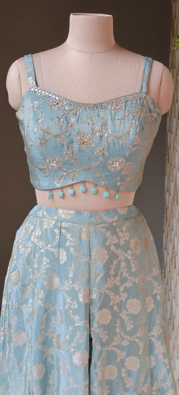 Premium Banarasi Brocade Three-Piece Co-Ord Set with Embellished Jacket, Crop Top & Flared Palazzo