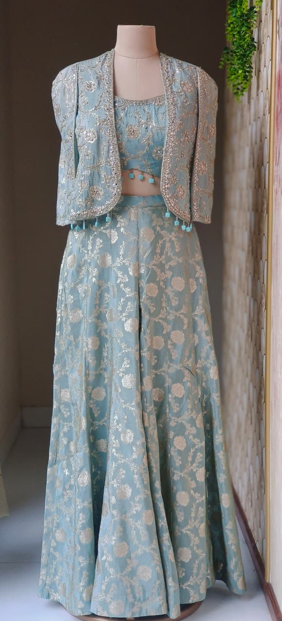 Premium Banarasi Brocade Three-Piece Co-Ord Set with Embellished Jacket, Crop Top & Flared Palazzo