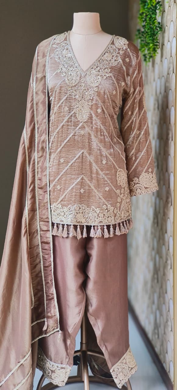 Antique Golden Rich Work Premium Tissue Short Length Kurta With Farsi Bottom & Dupatta- 12785