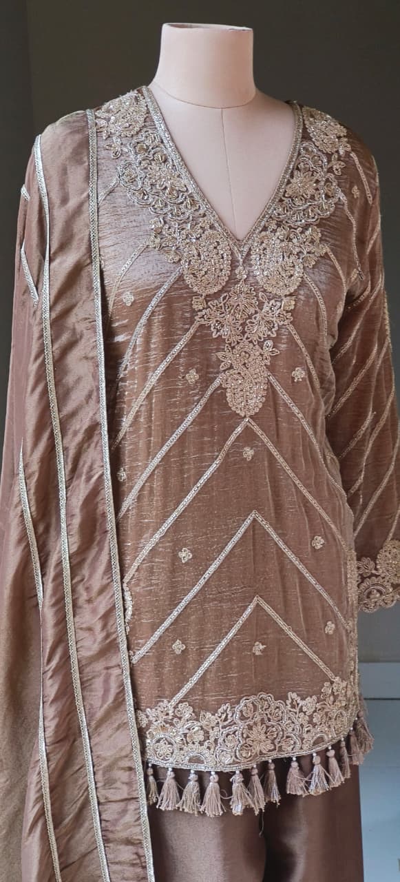 Antique Golden Rich Work Premium Tissue Short Length Kurta With Farsi Bottom & Dupatta- 12785