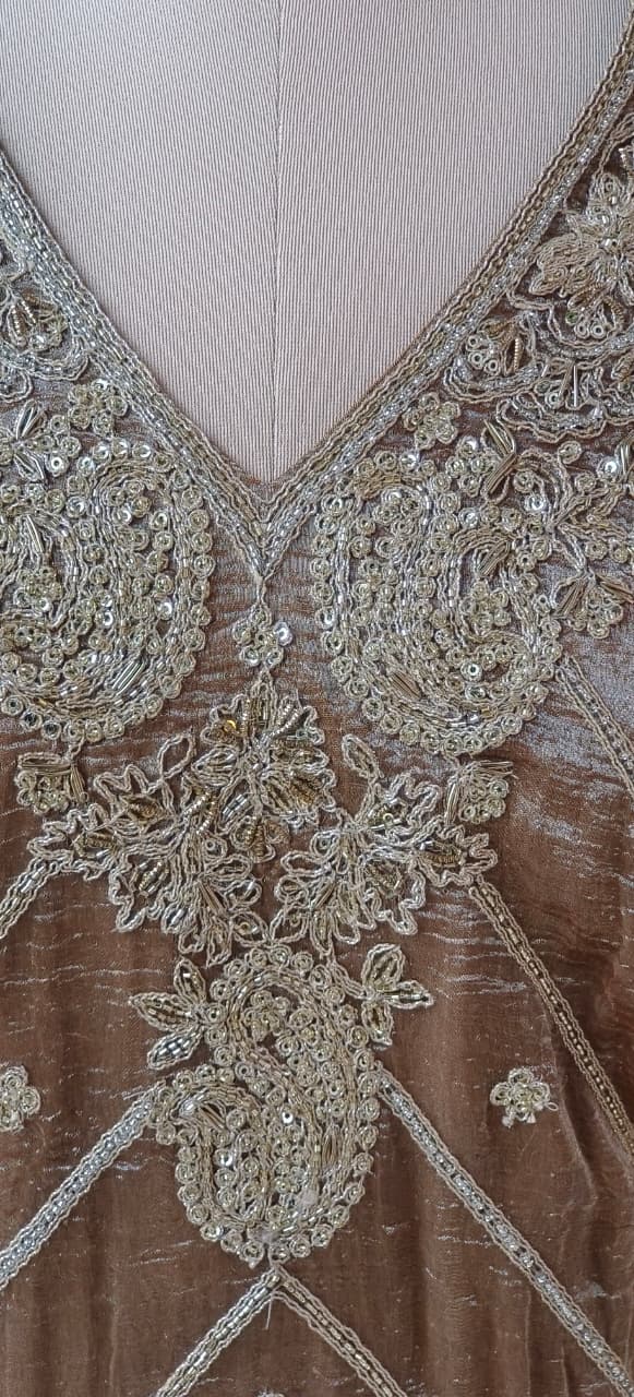 Antique Golden Rich Work Premium Tissue Short Length Kurta With Farsi Bottom & Dupatta- 12785