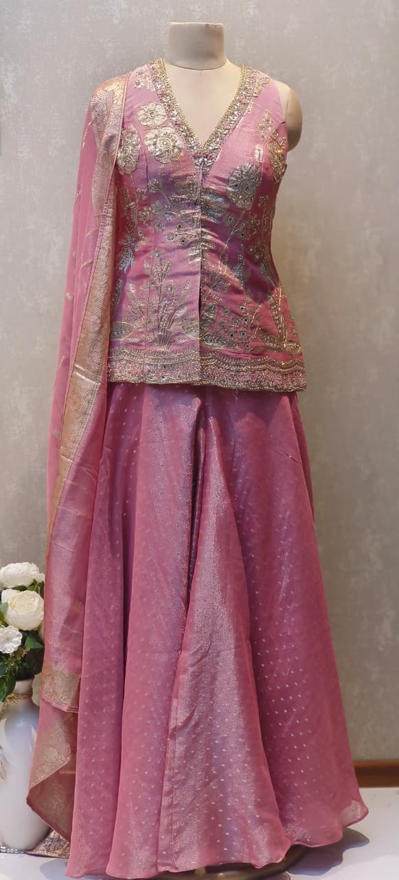 Royal Pink Embroidered Top With Banarasi Flared Bottom & Golden Woven Dupatta DRYWASH