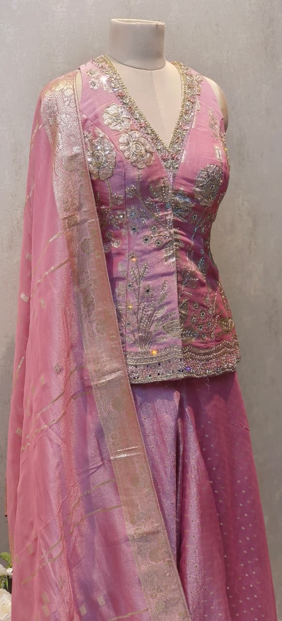 Royal Pink Embroidered Top With Banarasi Flared Bottom & Golden Woven Dupatta DRYWASH