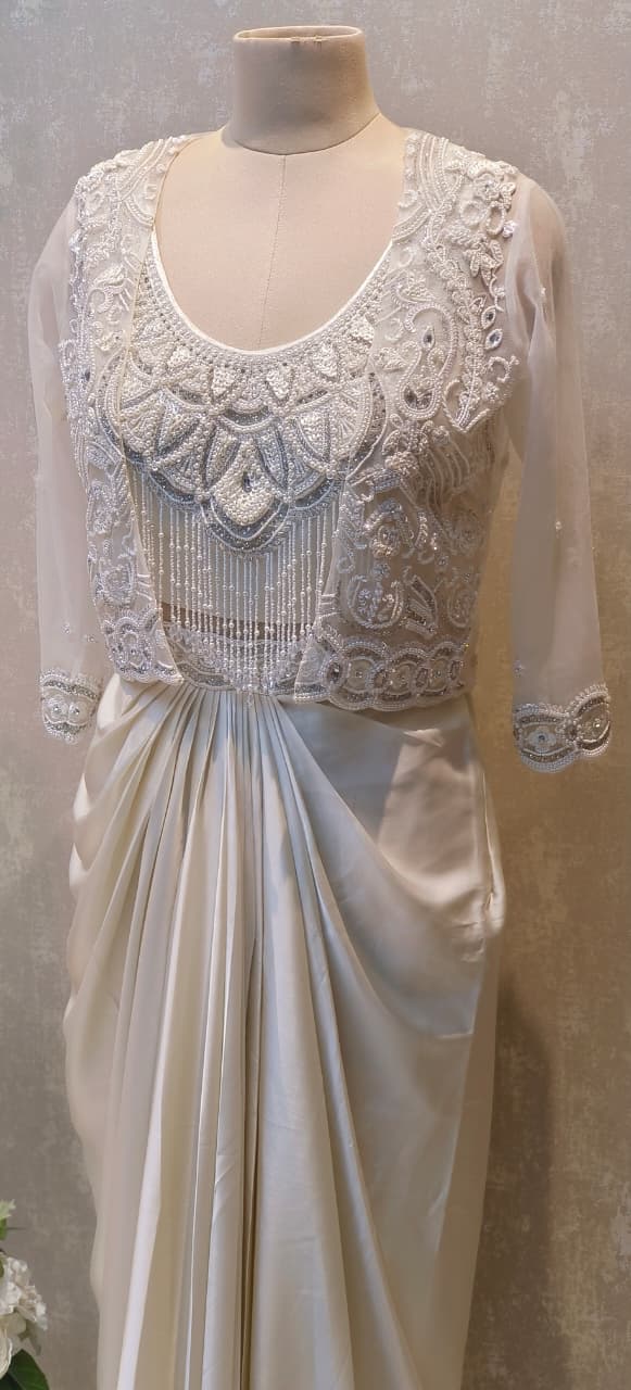 Luxury Party Wear Set Elegant White Embroidered Top and Soft Satin Drape Skirt Combo DRYWASH (Dispatching After 45 Days On Orders)