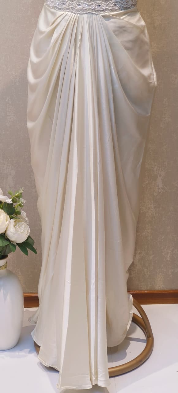 Luxury Party Wear Set Elegant White Embroidered Top and Soft Satin Drape Skirt Combo DRYWASH (Dispatching After 45 Days On Orders)