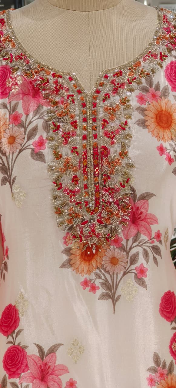 Soft Ivory Floral Printed Suit Set with Heavy Embroidered Neckline & Matching Printed Dupatta-12634