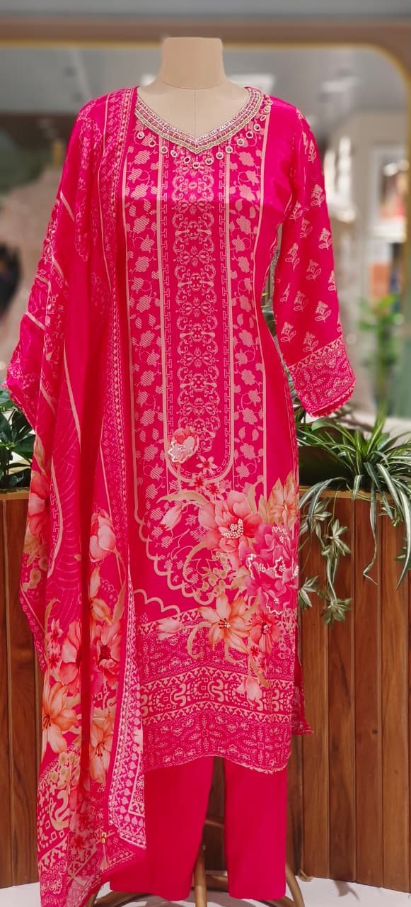 Vibrant Pink Floral Printed Suit Set with Embellished Neckline & Dupatta-12645