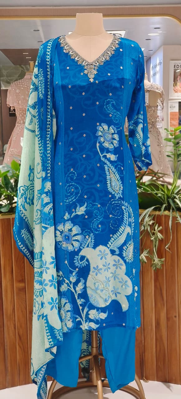 Royal Blue Floral & Paisley Printed Suit Set with Hand-Embellished Neckline and Contrast Printed Dupatta-12642