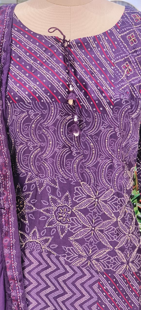 Classic Purple Ethnic Bandhej Printed Suit Set Featuring Mirror Accents & Soft Dupatta With Bottom-12635