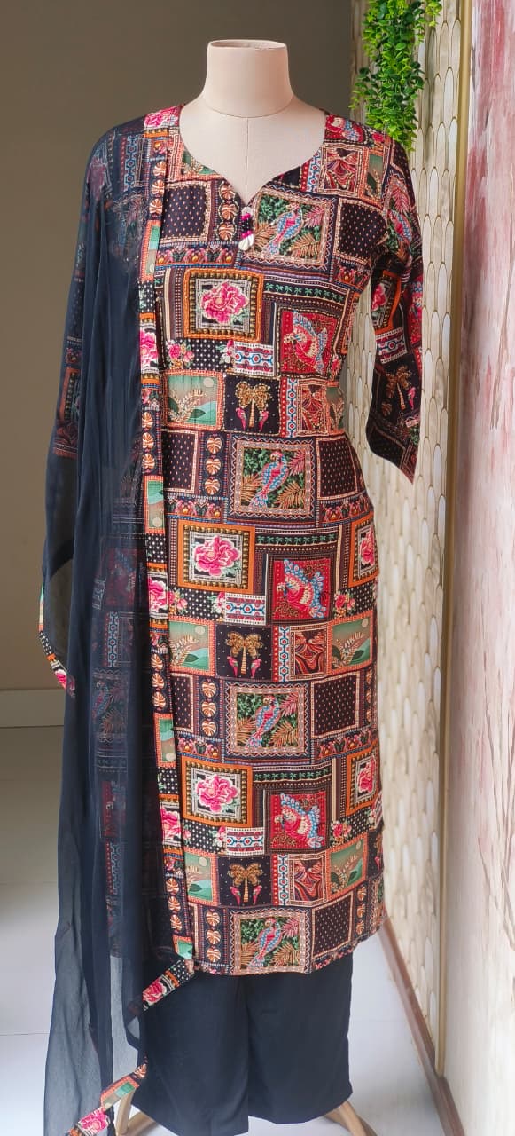 Elegant Multi-Color Bird Printed Katha Stich Full Suit Set with Solid Dupatta-12638