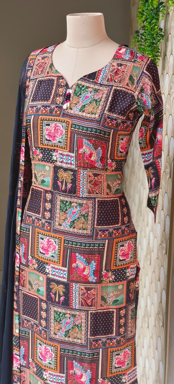 Elegant Multi-Color Bird Printed Katha Stich Full Suit Set with Solid Dupatta-12638