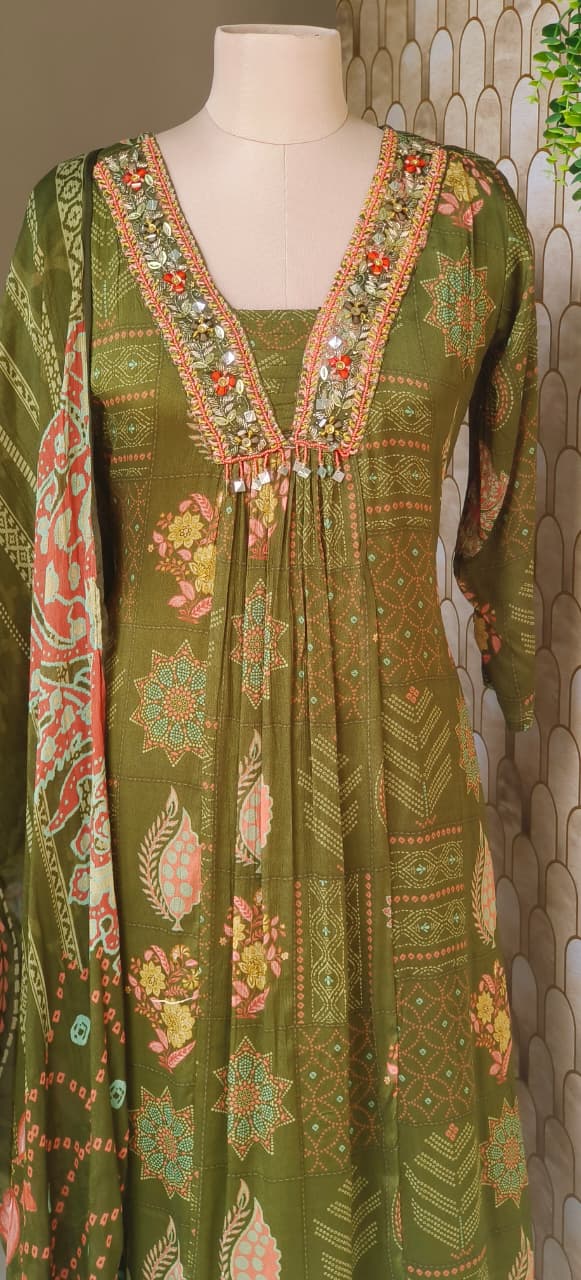 Aline Olive Green Multi-Pattern Printed Kurta With Embellished Yoke, Stylish Pant & Dupatta-12637
