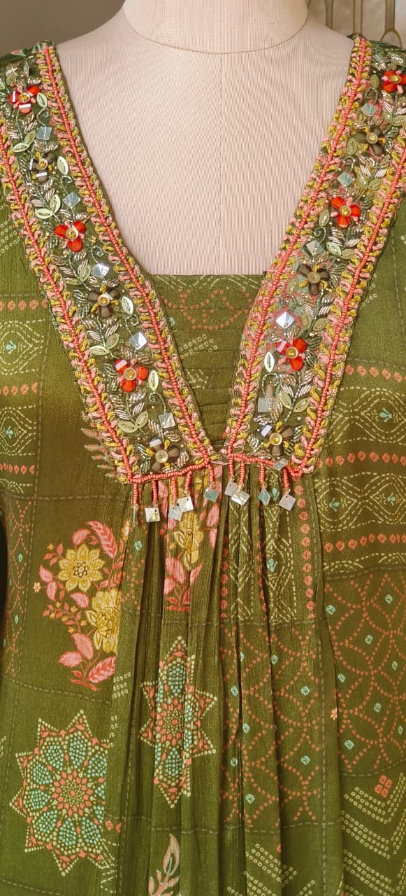 Aline Olive Green Multi-Pattern Printed Kurta With Embellished Yoke, Stylish Pant & Dupatta-12637