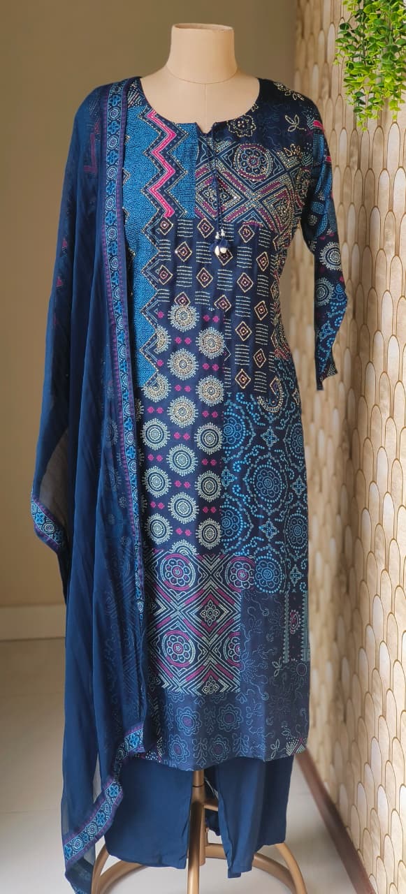 Blue Multi-Pattern Printed Kurta With Neck Detailing,Paired With Matching Pant & Printed Dupatta-12640