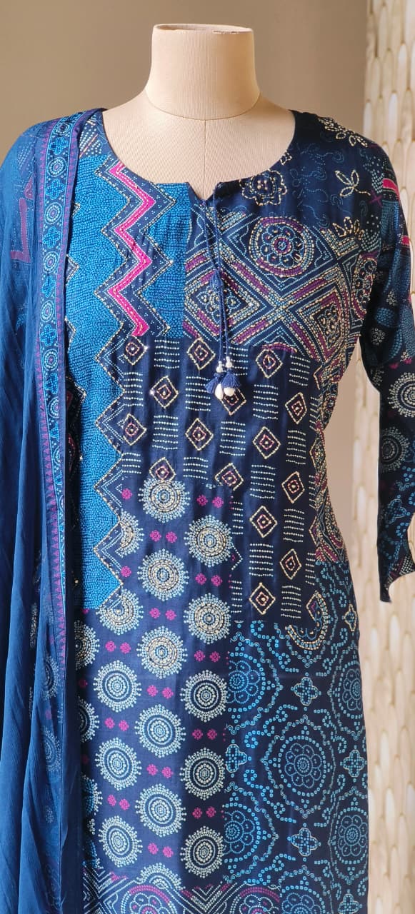 Blue Multi-Pattern Printed Kurta With Neck Detailing,Paired With Matching Pant & Printed Dupatta-12640