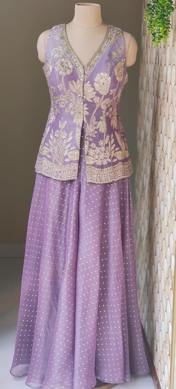 Lavender Banarasi Weave Crop Top with Heavily Embellished Top and Flowing Flared Palazzo Set With Dupatta