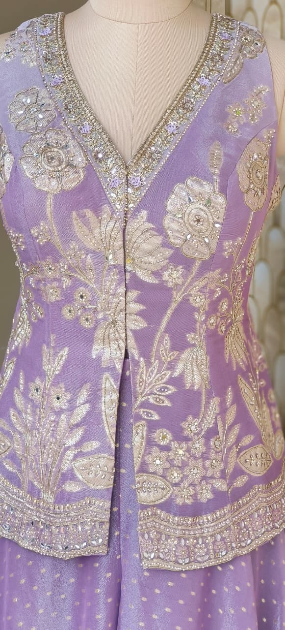 Lavender Banarasi Weave Crop Top with Heavily Embellished Top and Flowing Flared Palazzo Set With Dupatta