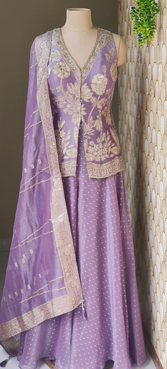 Lavender Banarasi Weave Crop Top with Heavily Embellished Top and Flowing Flared Palazzo Set With Dupatta