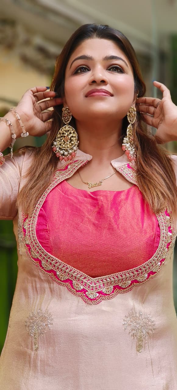 Luxury Indo-Western Pink Fusion Outfit with Hand-Embroidered Top, Contrast Buster & Matching Pants-12995