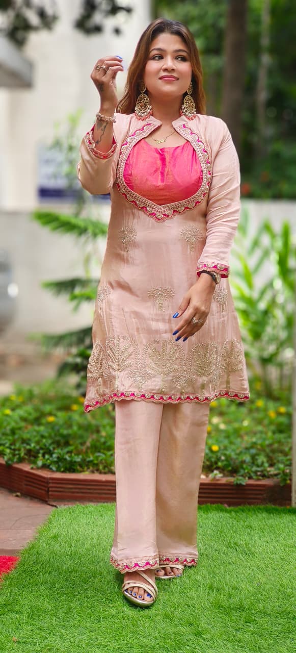 Luxury Indo-Western Pink Fusion Outfit with Hand-Embroidered Top, Contrast Bustier & Matching Pants