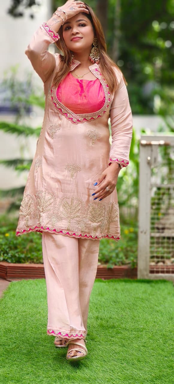 Luxury Indo-Western Pink Fusion Outfit with Hand-Embroidered Top, Contrast Buster & Matching Pants-12995