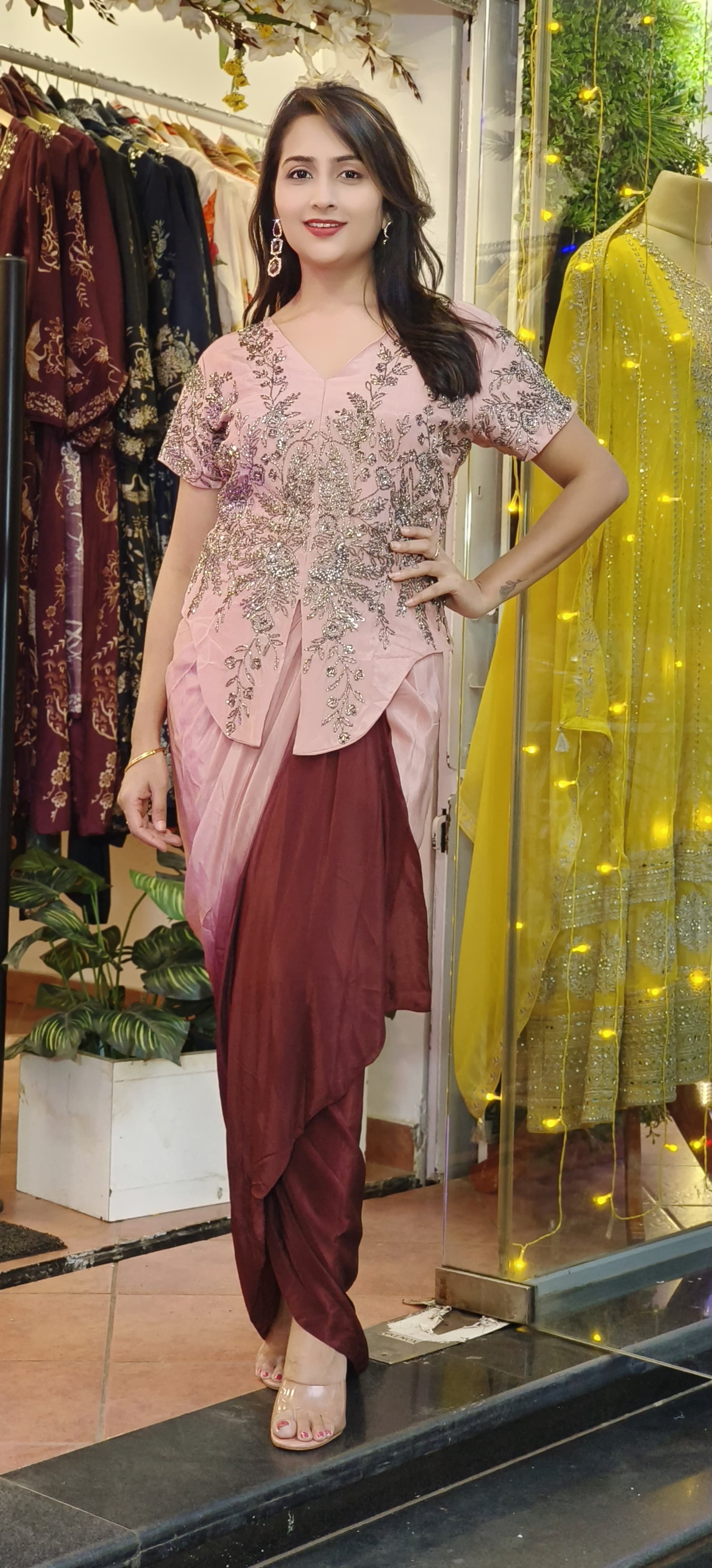 Partywear Designer Set Embellished Pastel Top with Dual-Tone Ombre Drape Skirt