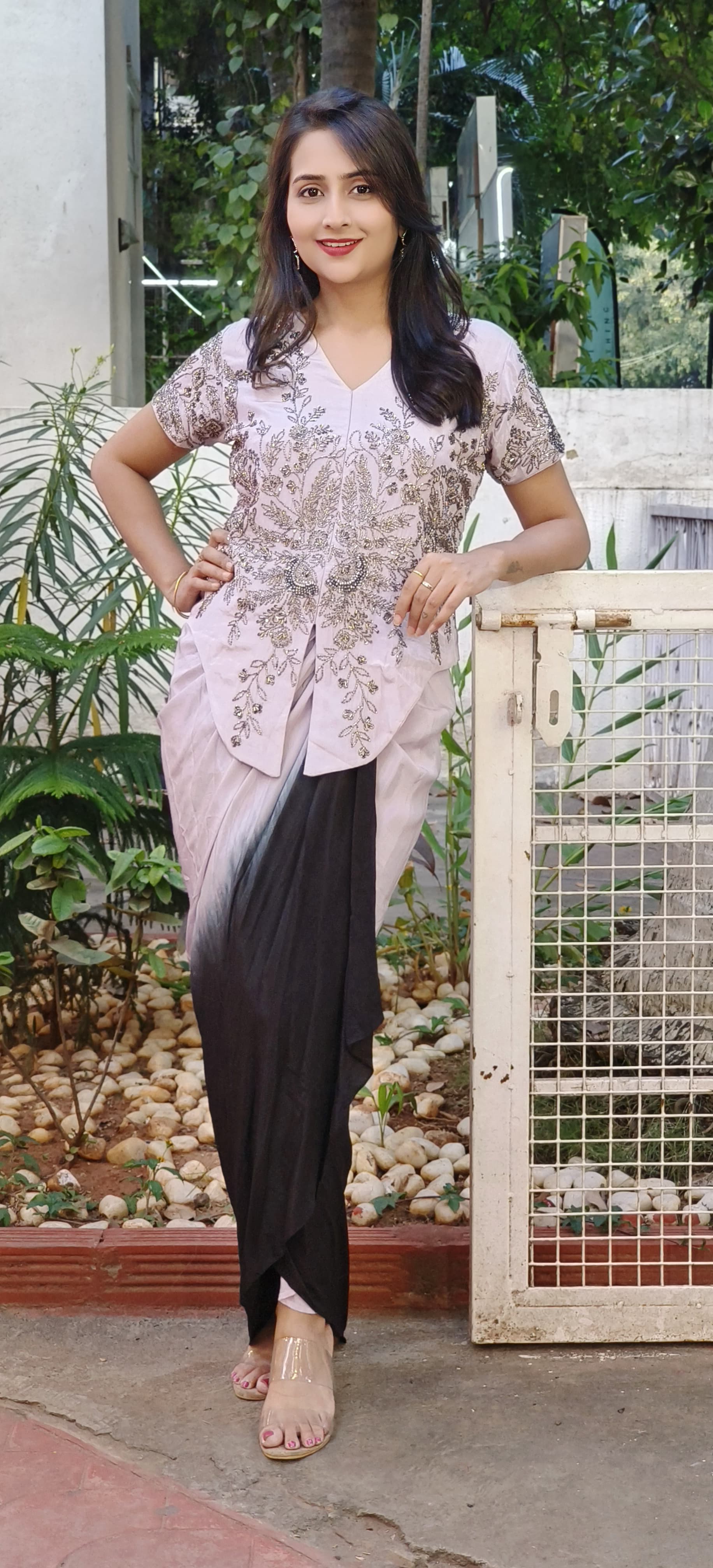 Partywear Designer Set Embellished Pastel Top with Dual-Tone Ombre Drape Skirt