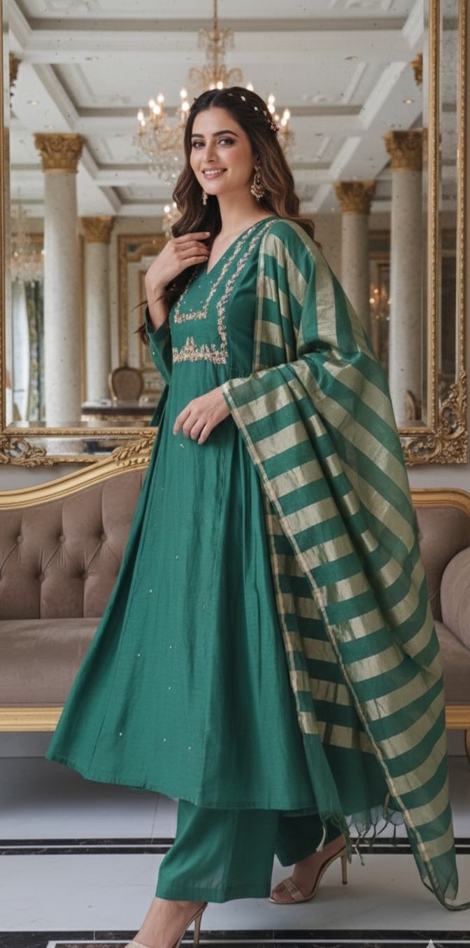Golden Zari Line Solid A-Line Full Suit Set With Dupatta In Mul Chanderi Fabric-12508