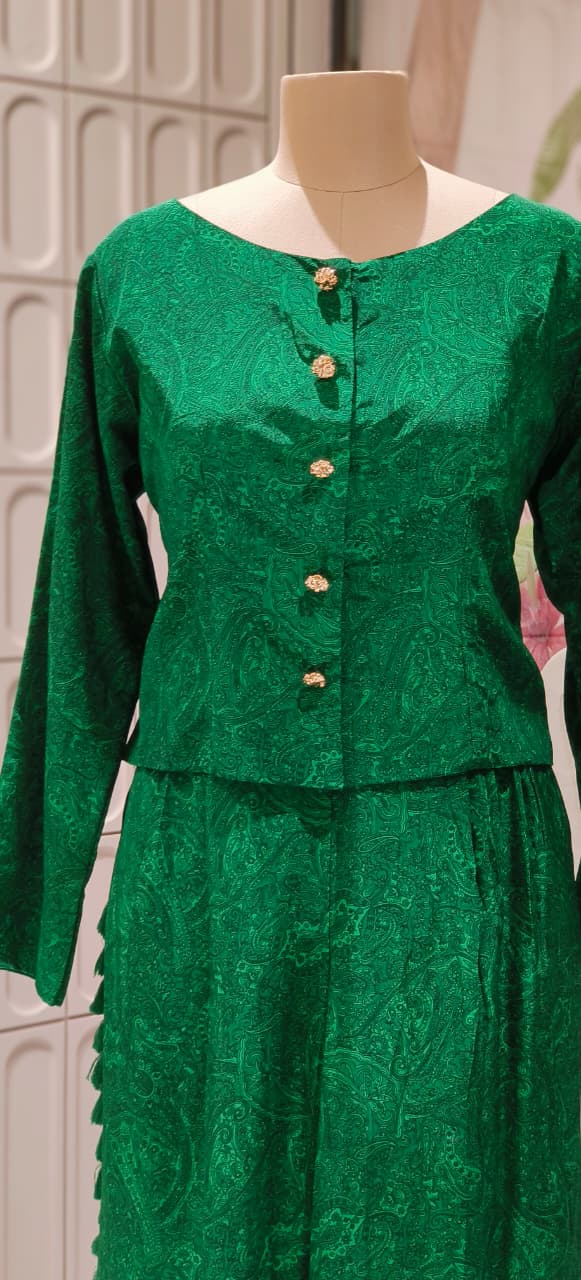 Premium Silk Solid Self Print Beautiful Buttoned Top With Thread Side Tasseled Loose Bottom-12425