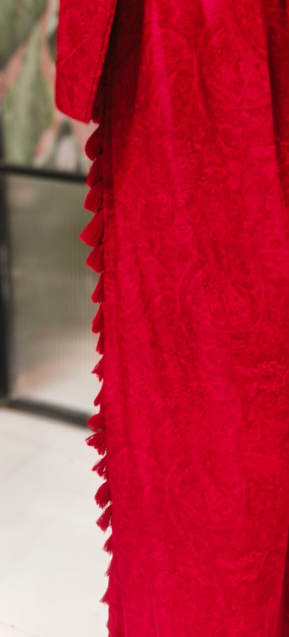 Premium Silk Solid Self Print Beautiful Buttoned Top With Thread Side Tasseled Loose Bottom-12425