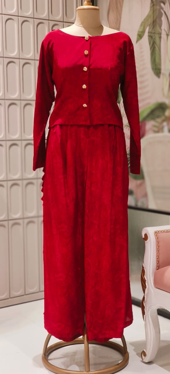 Premium Silk Solid Self Print Beautiful Buttoned Top With Thread Side Tasseled Loose Bottom-12425