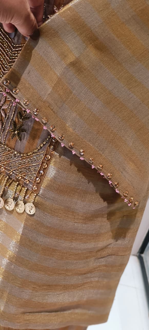 Luxe Premium Tissue Fabric Hand Worked Tasseled Striped Golden Kurta With Loose Bottom- 12384