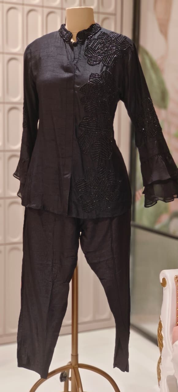 Complete Cut-Dana Floral Embroidery Mandarin Collar Ruffled Sleeve Solid Co-Ord Set- 12396