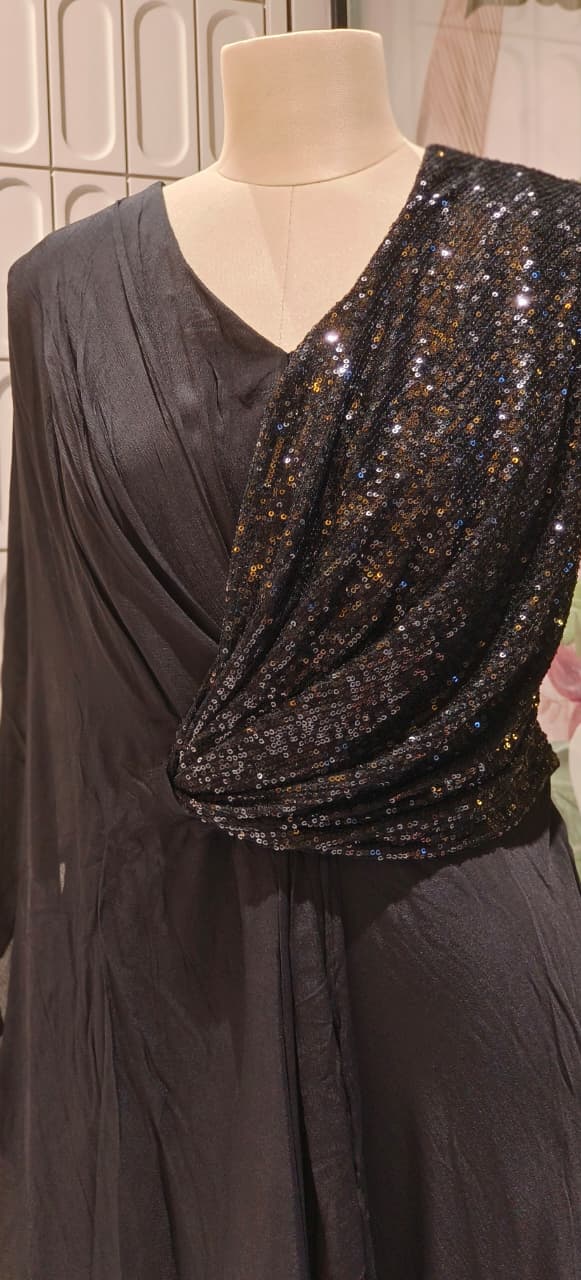 Cowl Style Sequin Ruffled Double Layer Solid Gown In Chinon Fabric (Separate Sleeve Inside)- 12413