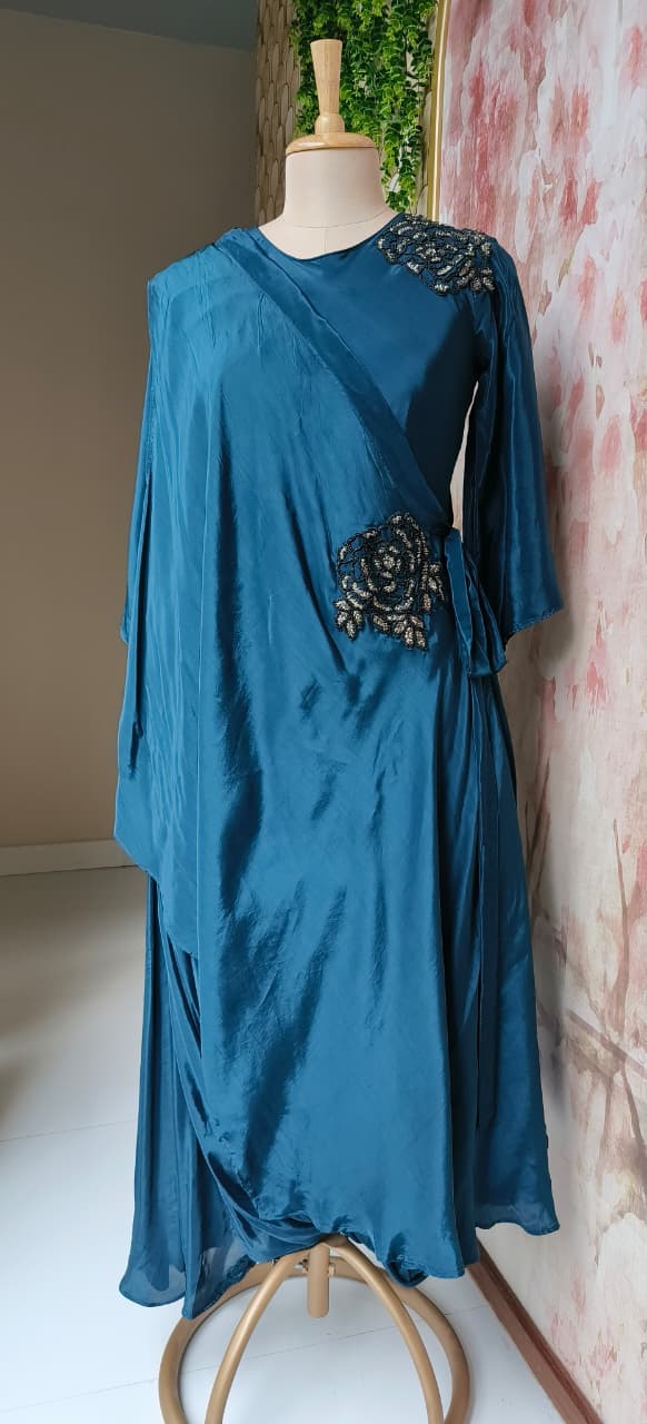 Elite Navy Blue Embellished Crepe Indo Western Dress With Draped Layer and Detailed Floral Work