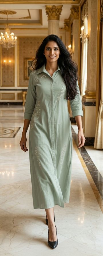 Premium Glaze Cotton Collar Style Shirt Dress With Sparkling Studded Detailing On Front and Sleeve-12781