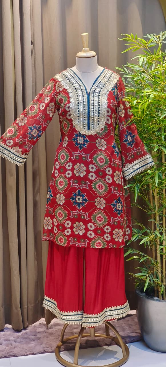 Maroon Printed Georgette Kurta Set with Heavy Sequins & Cut-Dana Embroidered V-Neck and Contrast Border Detailing-12806