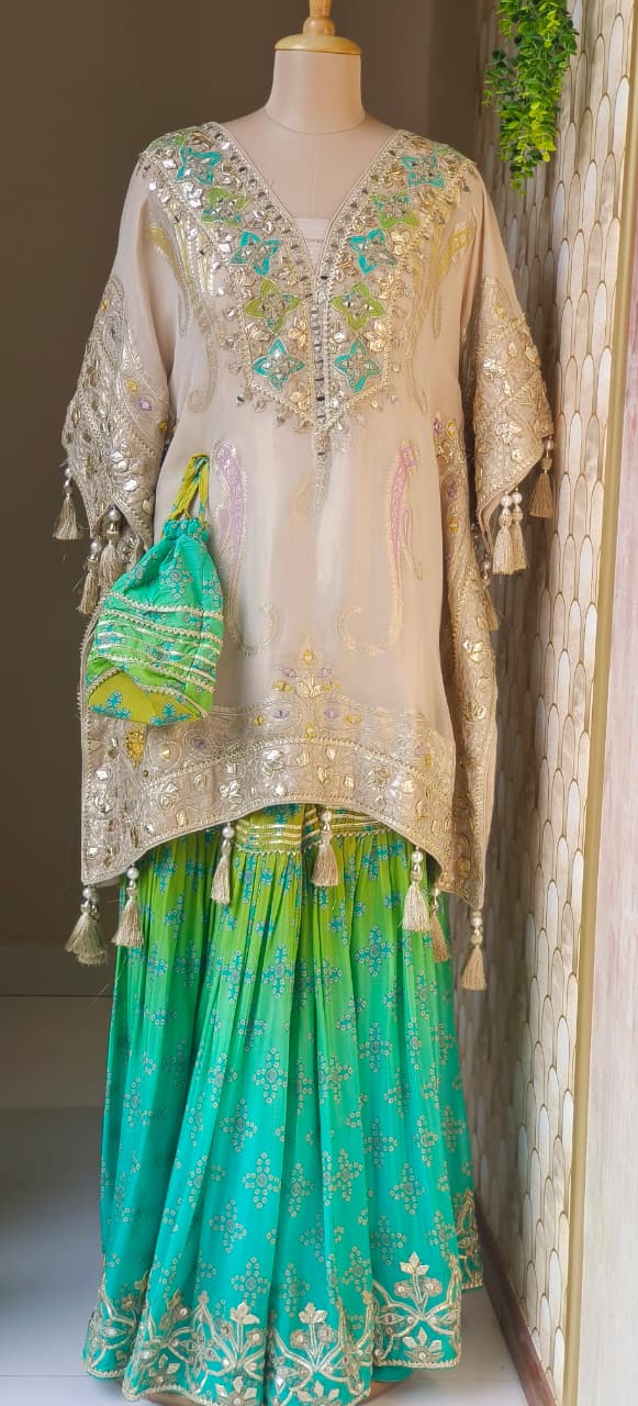 Real Mirror With Gotta Work Golden Finishing Lace With Golden Tassel Kaftan With Gotta & Lace Layered Vibrant Sharara Bottom & Potli- 12492
