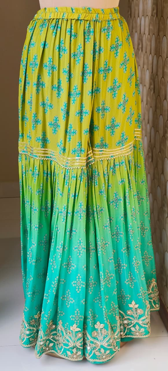 Real Mirror With Gotta Work Golden Finishing Lace With Golden Tassel Kaftan With Gotta & Lace Layered Vibrant Sharara Bottom & Potli- 12492