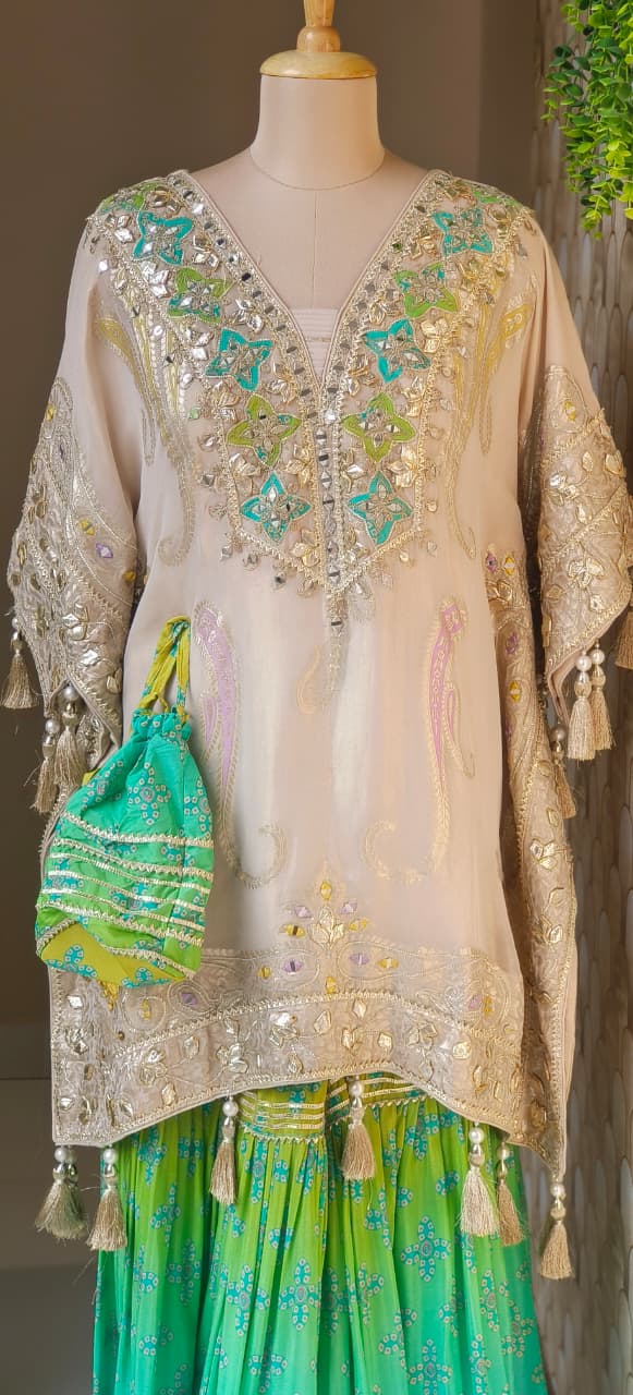 Real Mirror With Gotta Work Golden Finishing Lace With Golden Tassel Kaftan With Gotta & Lace Layered Vibrant Sharara Bottom & Potli- 12492